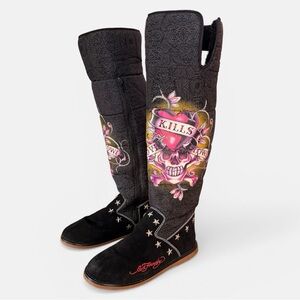 Ed Hardy Women’s Size 8 LOVE KILLS SLOWLY Studded Black Tall Knee High Boots Y2K